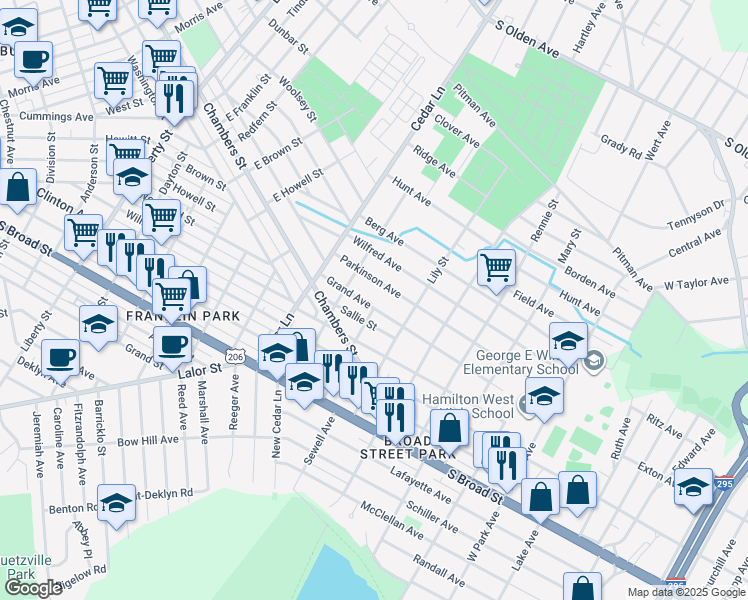 map of restaurants, bars, coffee shops, grocery stores, and more near 142 Grand Avenue in Trenton