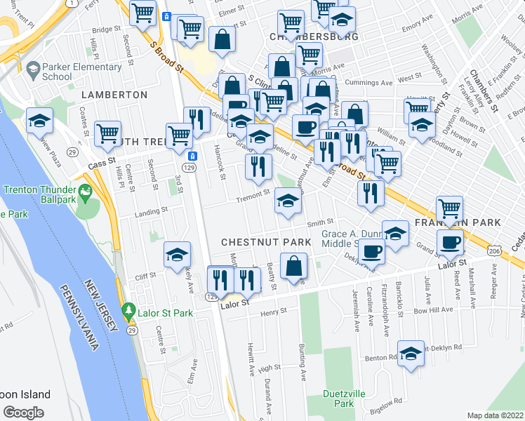 map of restaurants, bars, coffee shops, grocery stores, and more near 740 Beatty Street in Trenton