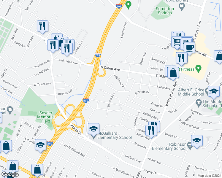 map of restaurants, bars, coffee shops, grocery stores, and more near 54 Kenwood Terrace in Trenton