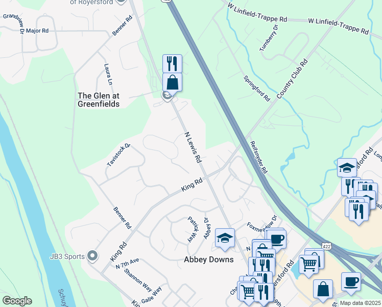 map of restaurants, bars, coffee shops, grocery stores, and more near 407 North Lewis Road in Royersford
