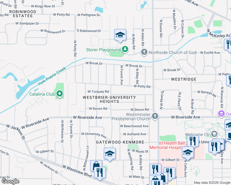 map of restaurants, bars, coffee shops, grocery stores, and more near 3304 West Torquay Road in Muncie
