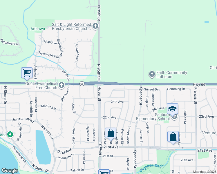 map of restaurants, bars, coffee shops, grocery stores, and more near 2540 Sunset Drive in Longmont