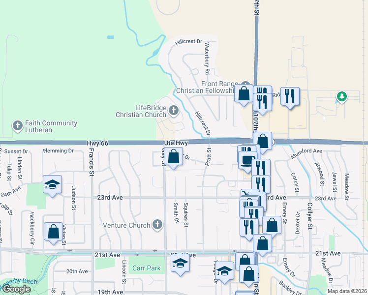 map of restaurants, bars, coffee shops, grocery stores, and more near 2444 Scott Court in Longmont