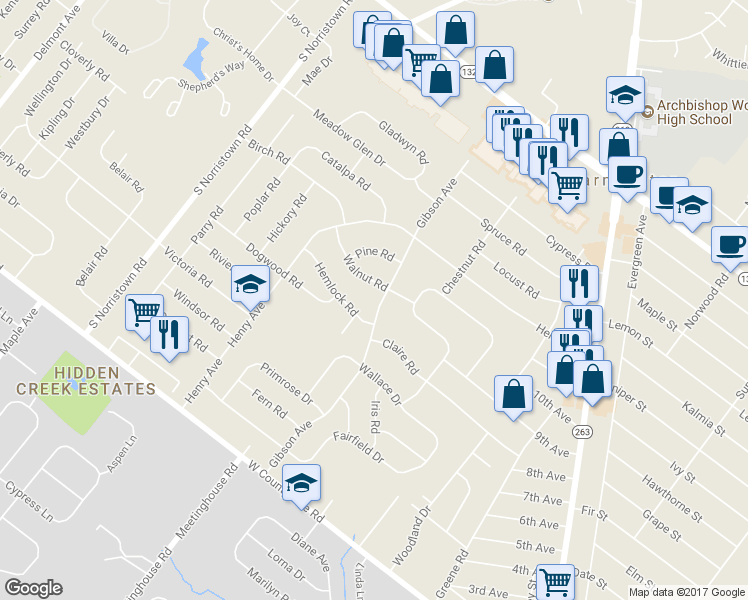 map of restaurants, bars, coffee shops, grocery stores, and more near 272 Gibson Avenue in Warminster