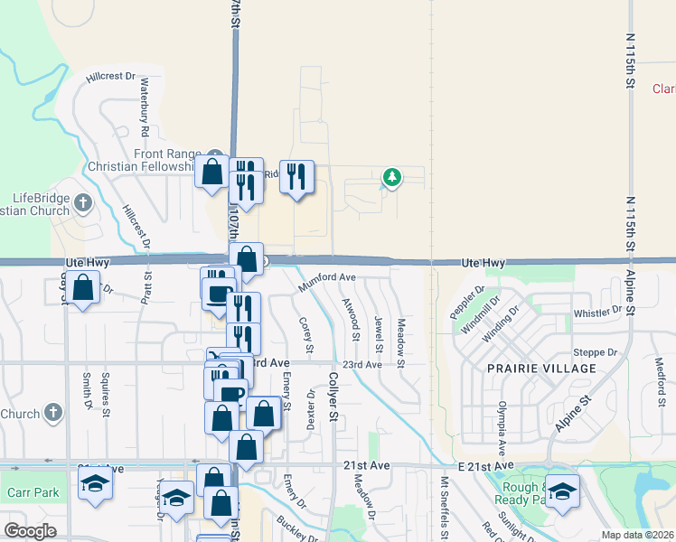 map of restaurants, bars, coffee shops, grocery stores, and more near 218 Mumford Avenue in Longmont