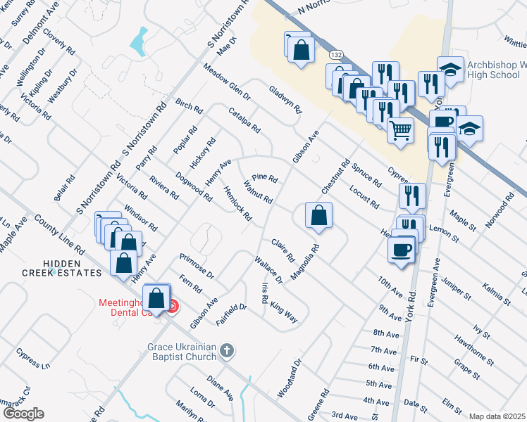 map of restaurants, bars, coffee shops, grocery stores, and more near 272 Gibson Avenue in Warminster