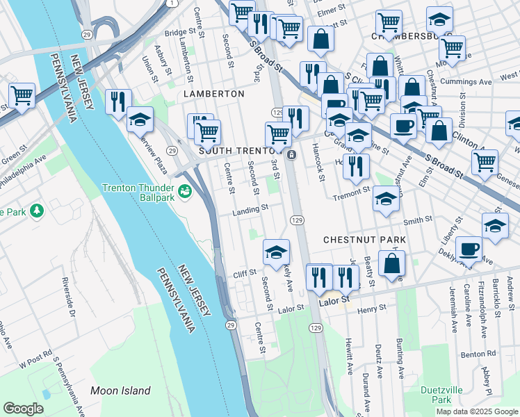 map of restaurants, bars, coffee shops, grocery stores, and more near 2nd Street & Landing Street in Trenton