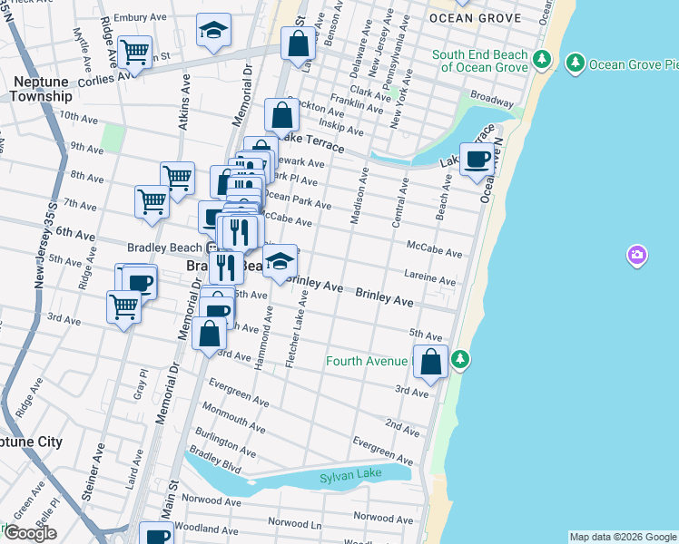map of restaurants, bars, coffee shops, grocery stores, and more near 607 Madison Avenue in Bradley Beach