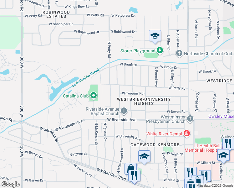 map of restaurants, bars, coffee shops, grocery stores, and more near 1007 N Bittersweet Ln in Muncie