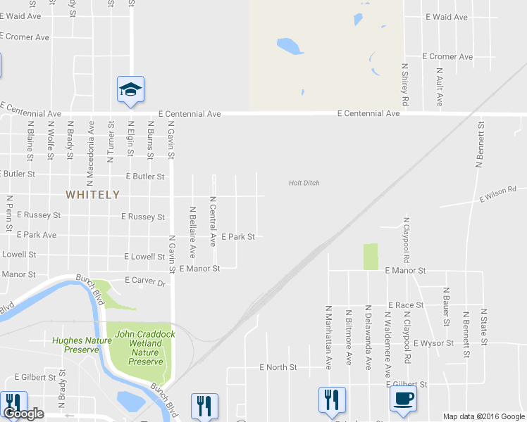 map of restaurants, bars, coffee shops, grocery stores, and more near 1106 North Hodson Avenue in Muncie