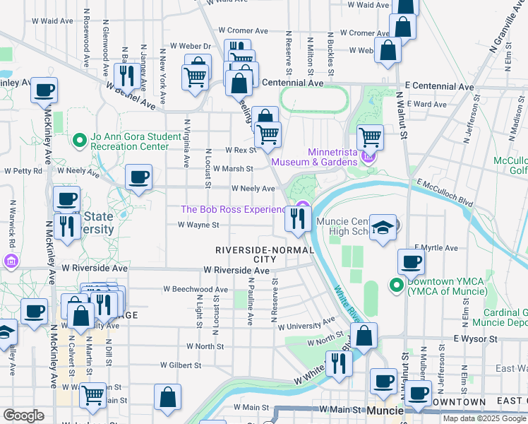 map of restaurants, bars, coffee shops, grocery stores, and more near 811 West Carson Street in Muncie