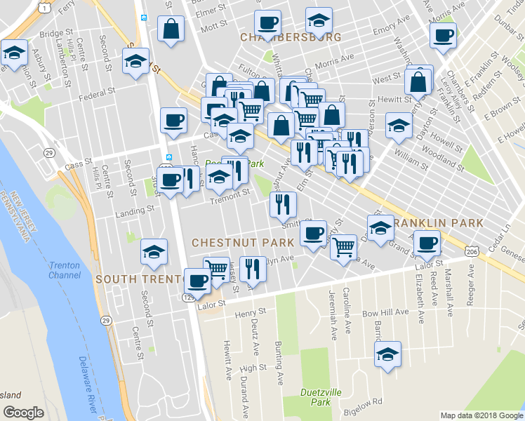map of restaurants, bars, coffee shops, grocery stores, and more near 317 Home Avenue in Trenton