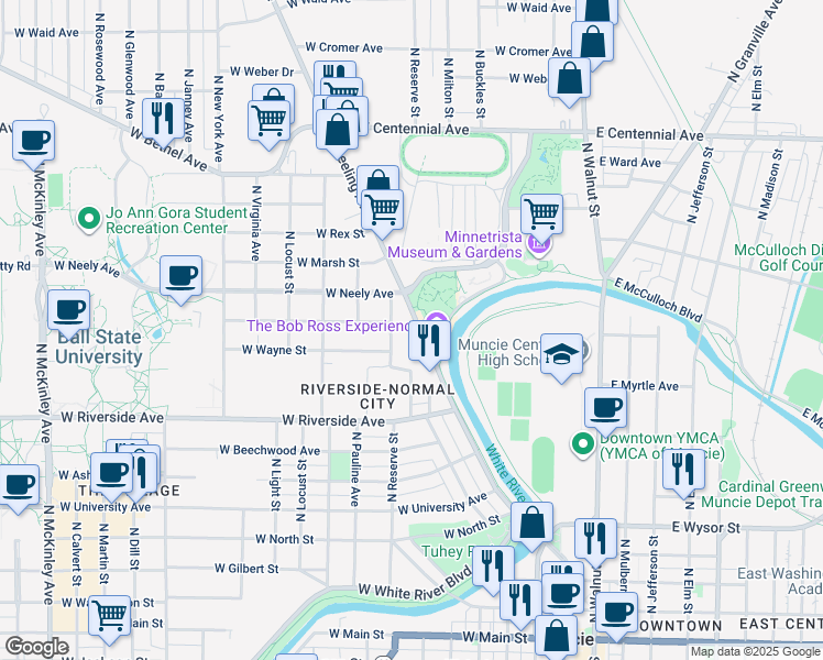 map of restaurants, bars, coffee shops, grocery stores, and more near 1015 Wheeling Avenue in Muncie