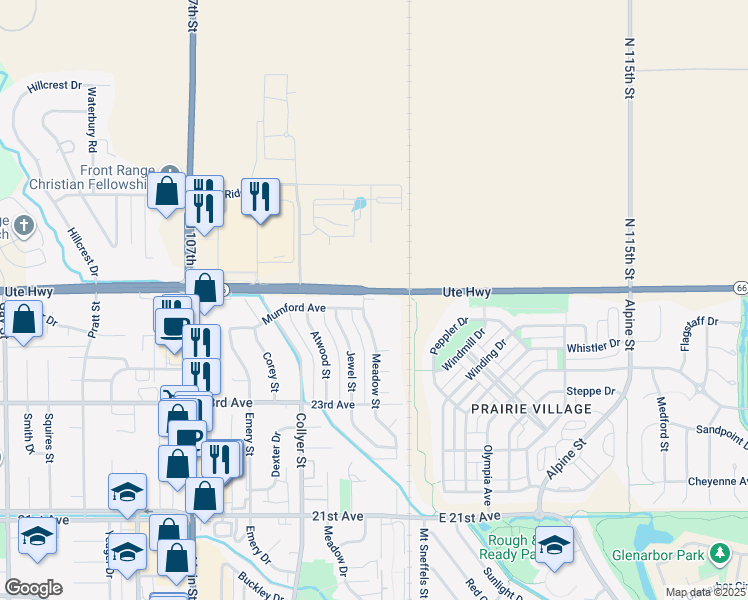 map of restaurants, bars, coffee shops, grocery stores, and more near 22 Mumford Place in Longmont