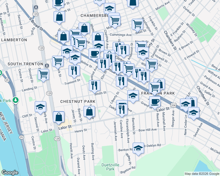 map of restaurants, bars, coffee shops, grocery stores, and more near 507 Grand Street in Trenton