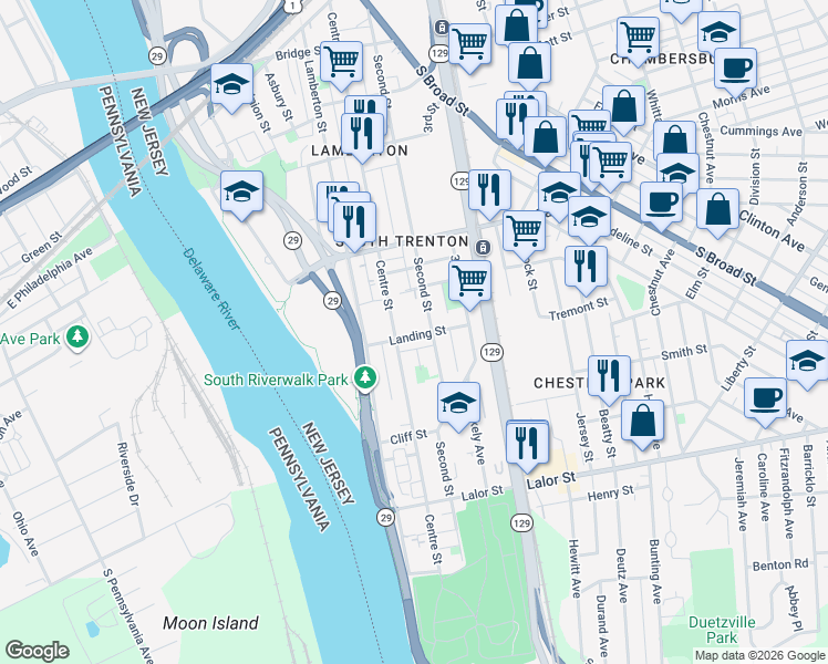 map of restaurants, bars, coffee shops, grocery stores, and more near 122 Landing Street in Trenton