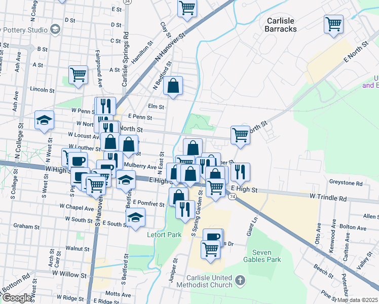 map of restaurants, bars, coffee shops, grocery stores, and more near 128 Porter Avenue in Carlisle