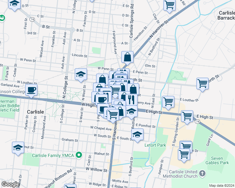 map of restaurants, bars, coffee shops, grocery stores, and more near 4 East Louther Street in Carlisle