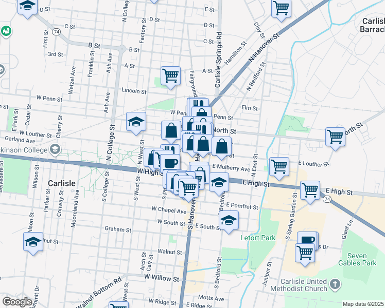 map of restaurants, bars, coffee shops, grocery stores, and more near 28 West Louther Street in Carlisle