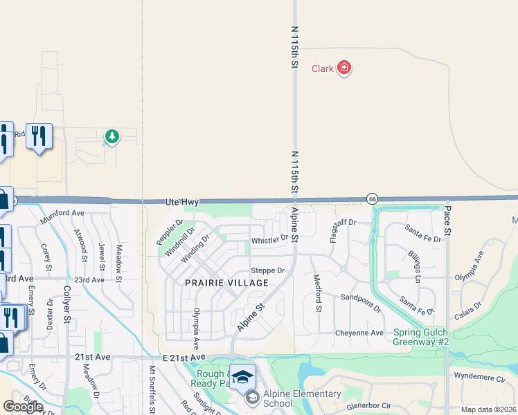 map of restaurants, bars, coffee shops, grocery stores, and more near 11410 Ute Highway in Longmont