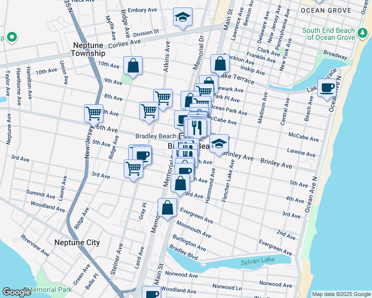 map of restaurants, bars, coffee shops, grocery stores, and more near in Bradley Beach