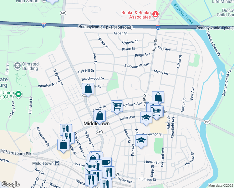 map of restaurants, bars, coffee shops, grocery stores, and more near 227 East High Street in Middletown