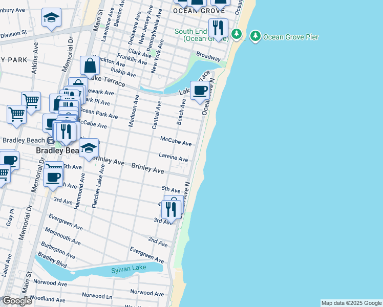 map of restaurants, bars, coffee shops, grocery stores, and more near 705 Ocean Avenue in Bradley Beach