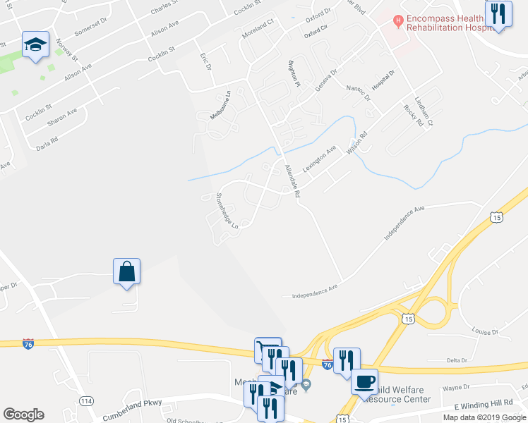 map of restaurants, bars, coffee shops, grocery stores, and more near 258 Stonehedge Lane in Mechanicsburg