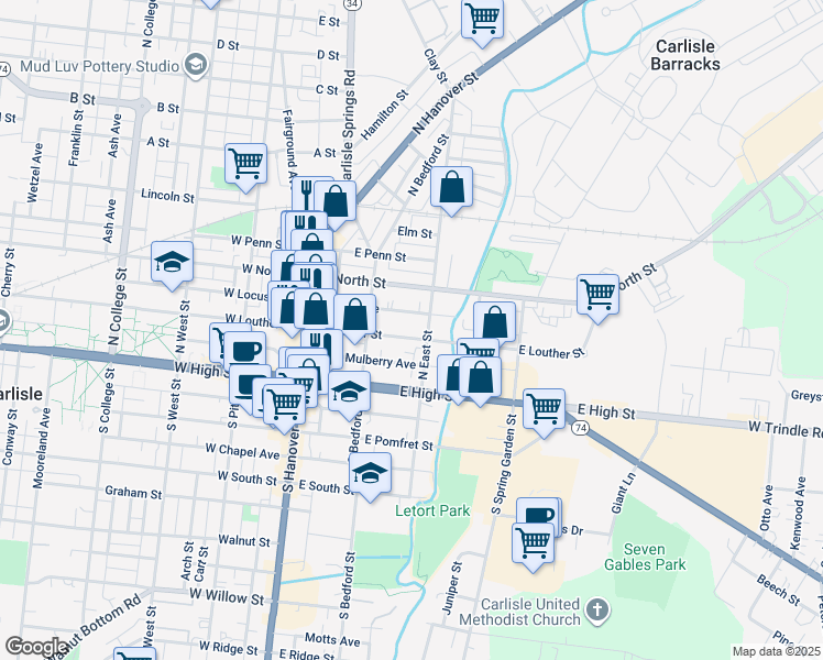 map of restaurants, bars, coffee shops, grocery stores, and more near 159 East Louther Street in Carlisle