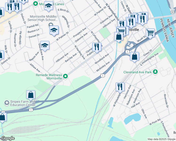 map of restaurants, bars, coffee shops, grocery stores, and more near 511 Woodland Avenue in Morrisville