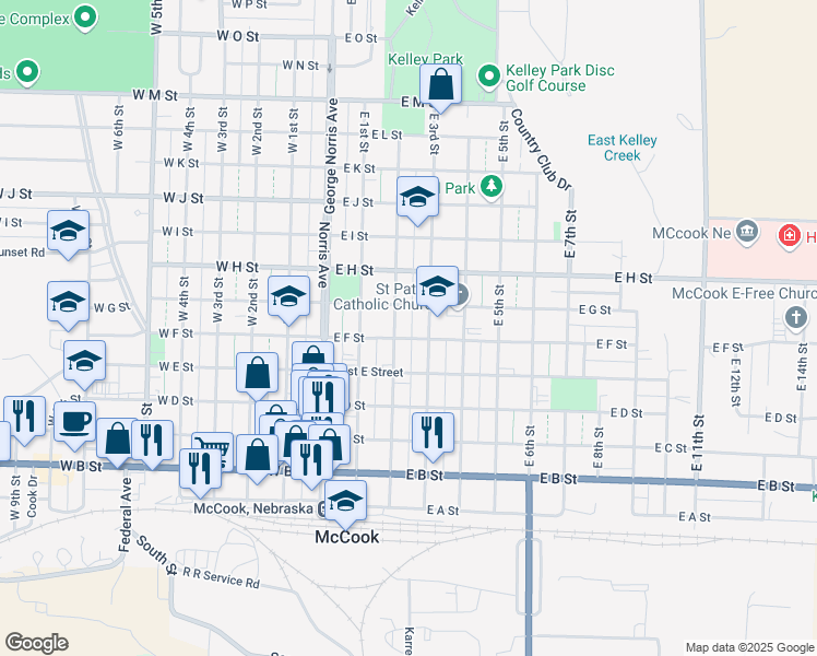map of restaurants, bars, coffee shops, grocery stores, and more near 603 East 2nd Street in McCook