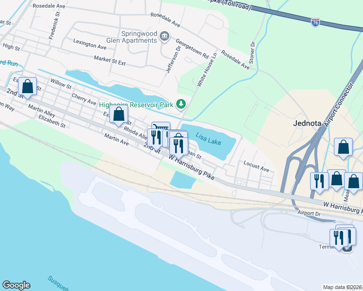 map of restaurants, bars, coffee shops, grocery stores, and more near 112 Park Drive in Middletown