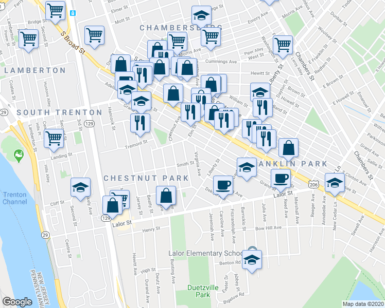 map of restaurants, bars, coffee shops, grocery stores, and more near 31 Virginia Avenue in Trenton