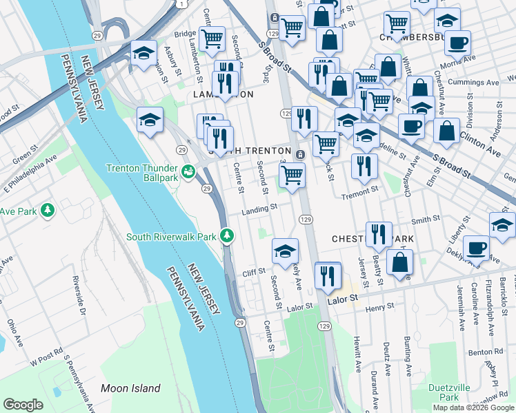 map of restaurants, bars, coffee shops, grocery stores, and more near 122 Landing Street in Trenton