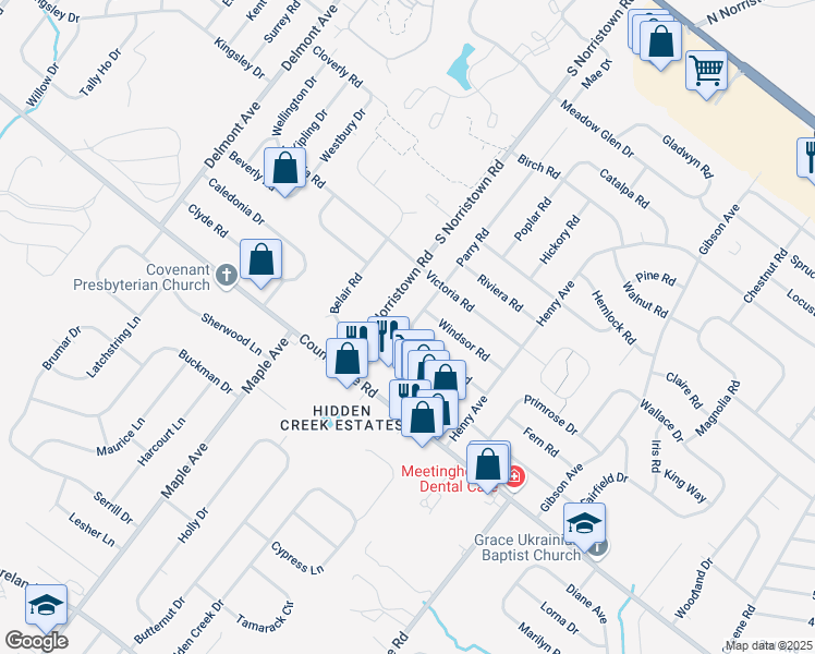 map of restaurants, bars, coffee shops, grocery stores, and more near 34 Parry Way in Ivyland