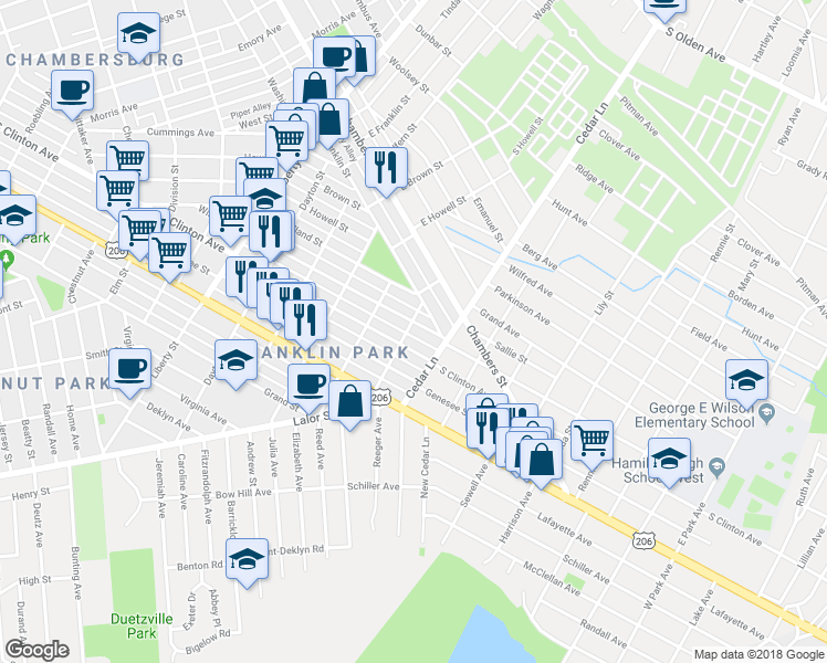 map of restaurants, bars, coffee shops, grocery stores, and more near 703 William Street in Trenton