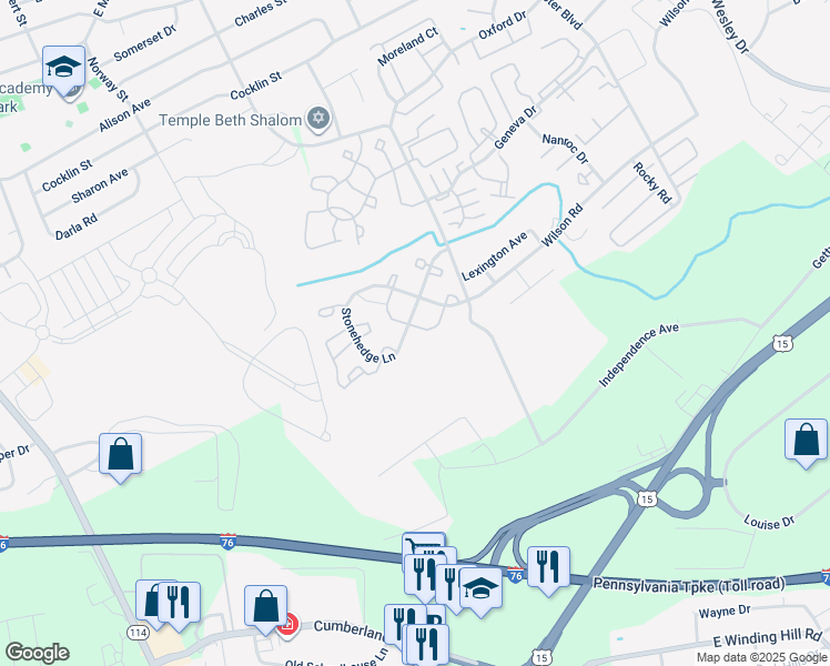 map of restaurants, bars, coffee shops, grocery stores, and more near 260 Stonehedge Lane in Mechanicsburg