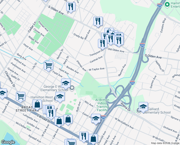 map of restaurants, bars, coffee shops, grocery stores, and more near 83 West Taylor Avenue in Trenton