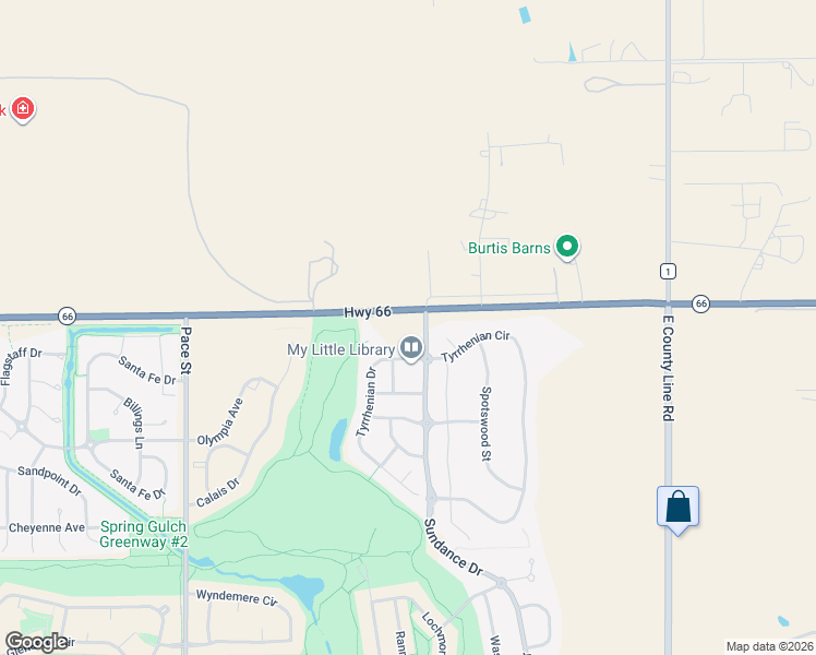 map of restaurants, bars, coffee shops, grocery stores, and more near 2424 Tyrrhenian Drive in Longmont
