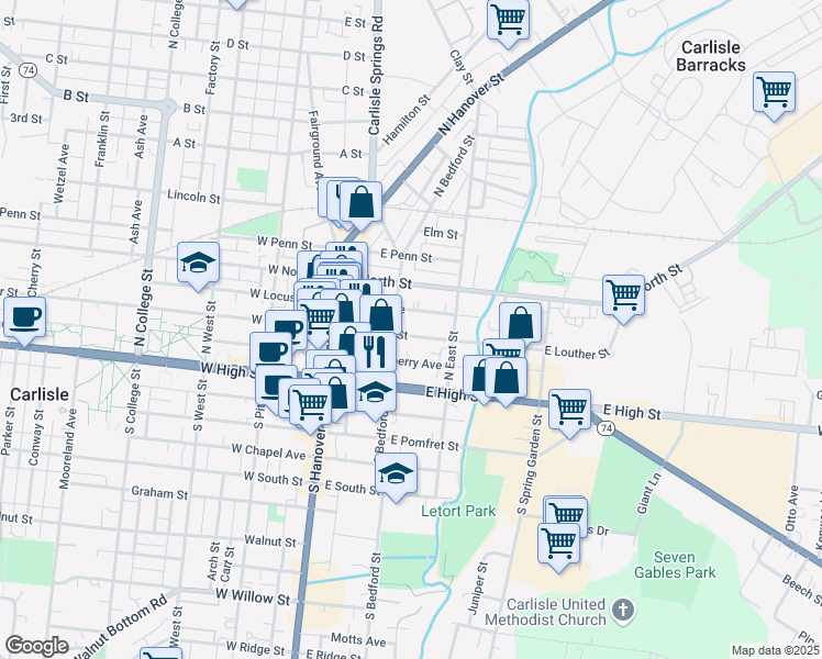 map of restaurants, bars, coffee shops, grocery stores, and more near 121 East Louther Street in Carlisle