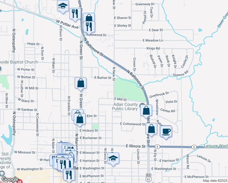 map of restaurants, bars, coffee shops, grocery stores, and more near 699 Windsong Dr in Kirksville