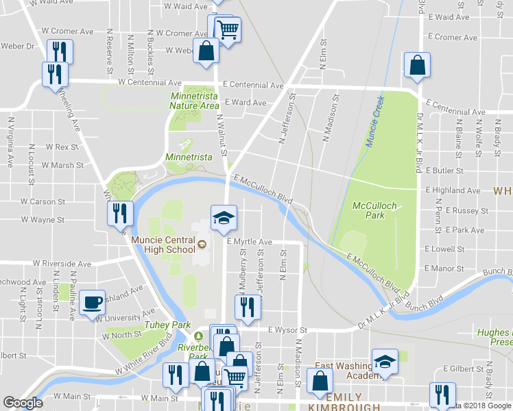 map of restaurants, bars, coffee shops, grocery stores, and more near 903 North Jefferson Street in Muncie