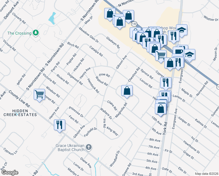 map of restaurants, bars, coffee shops, grocery stores, and more near 840 Walnut Road in Warminster