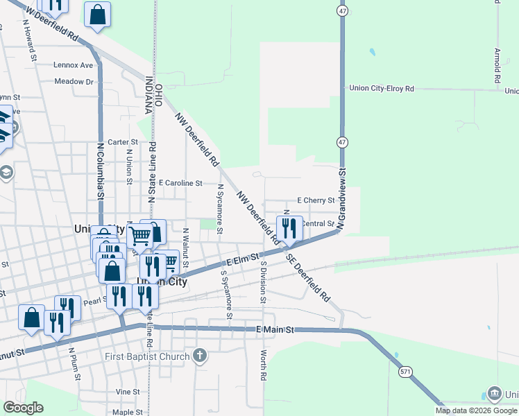 map of restaurants, bars, coffee shops, grocery stores, and more near 228 Northwest Deerfield Road in Union City