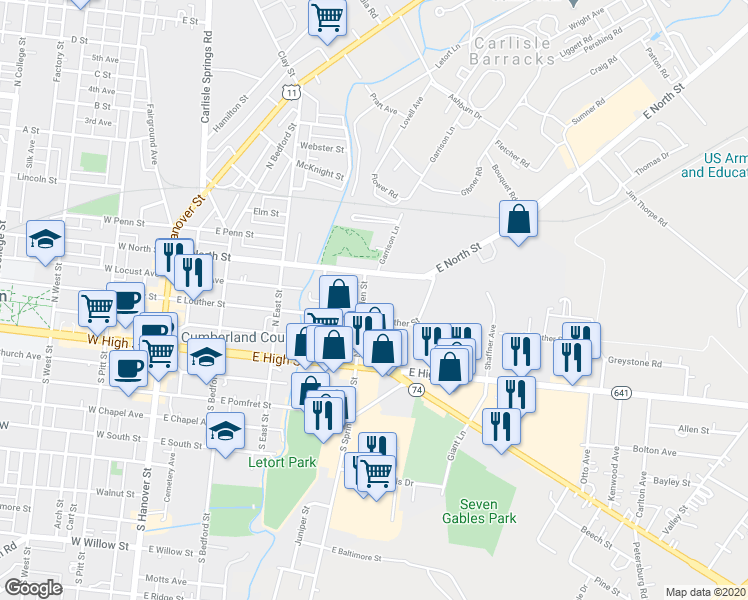 map of restaurants, bars, coffee shops, grocery stores, and more near 135 North Spring Garden Street in Carlisle