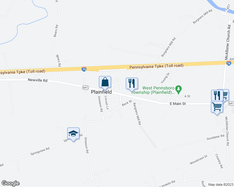 map of restaurants, bars, coffee shops, grocery stores, and more near 47 West Main Street in Plainfield