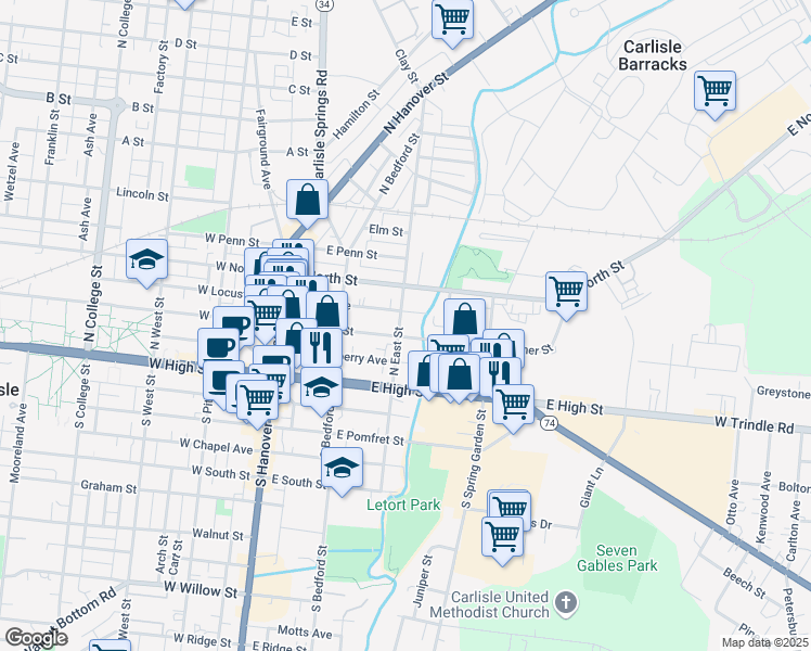 map of restaurants, bars, coffee shops, grocery stores, and more near 111 North East Street in Carlisle