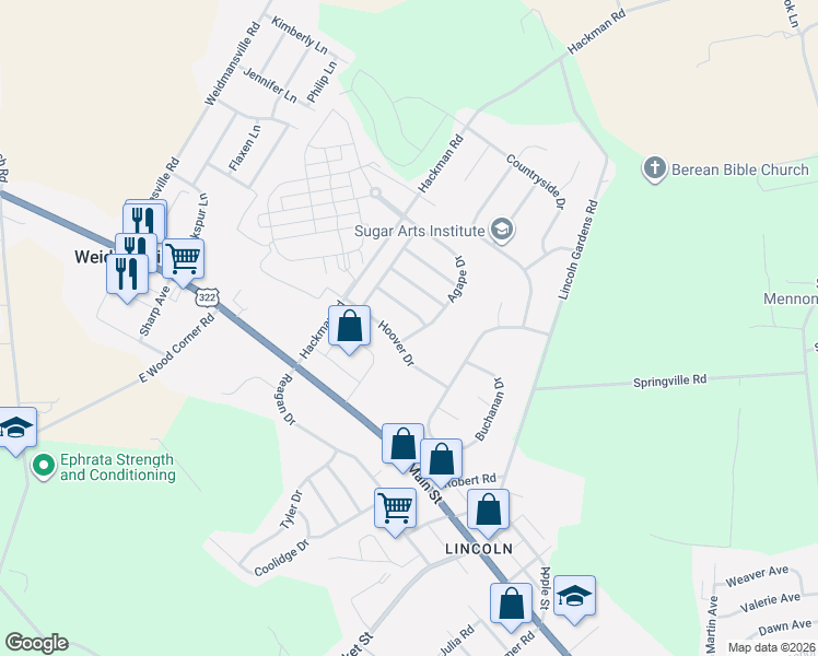 map of restaurants, bars, coffee shops, grocery stores, and more near 25 Hoover Drive in Ephrata
