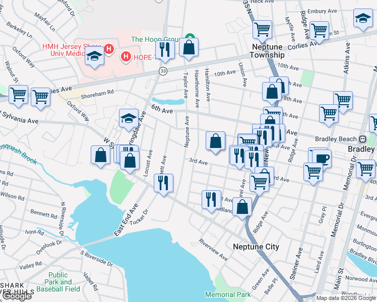 map of restaurants, bars, coffee shops, grocery stores, and more near 98 Neptune Avenue in Neptune City