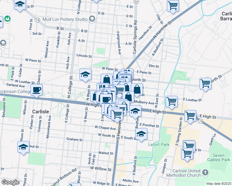 map of restaurants, bars, coffee shops, grocery stores, and more near 28 West Louther Street in Carlisle